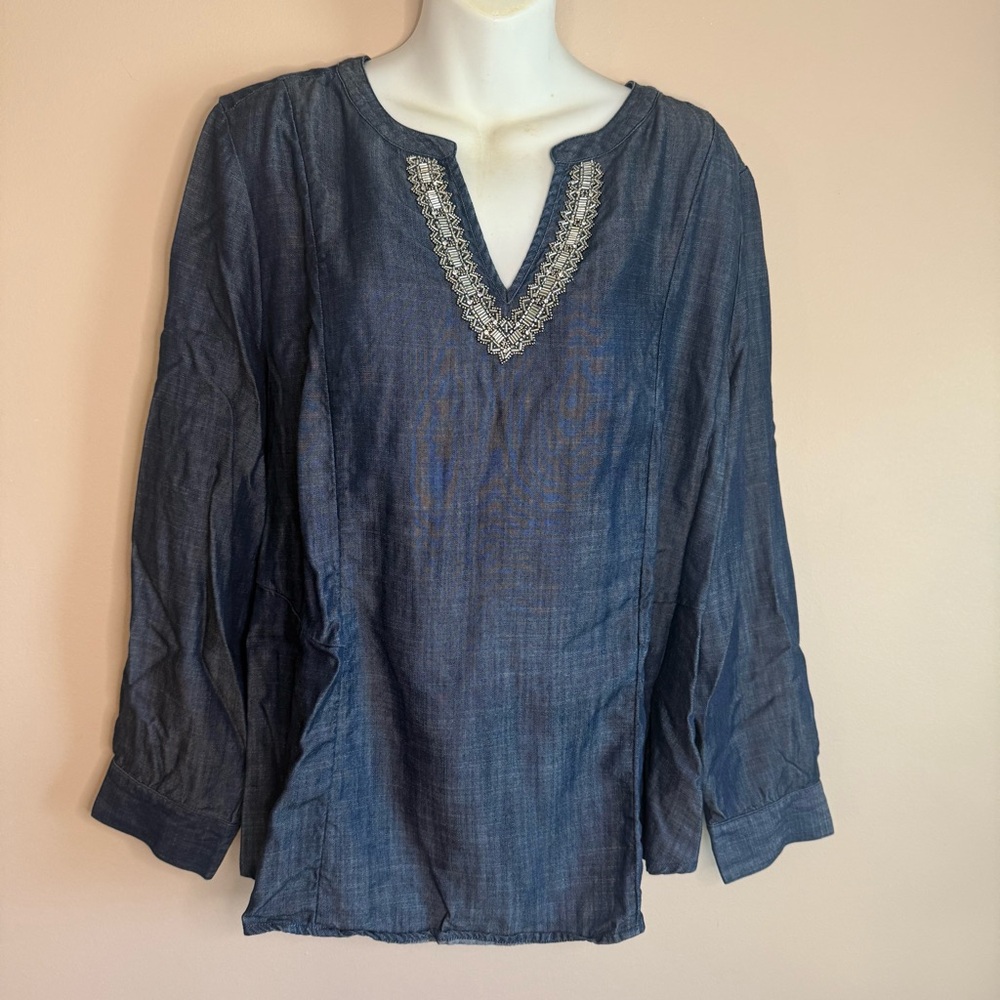 CHICO’S Beaded Denim Blue Women's Top